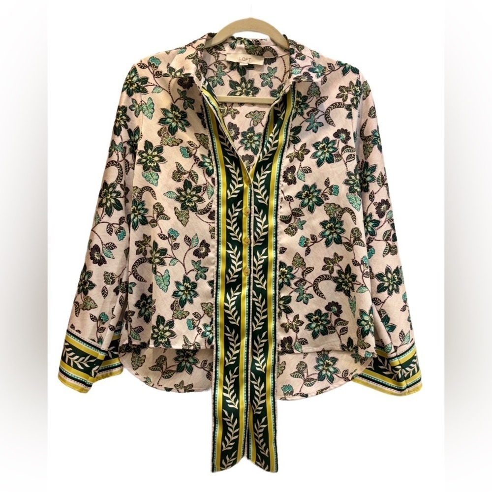 LOFT βHibiscusβ Tie front Long Sleeveblouse in light purple, turquoise, gold XS - Picture 6 of 10